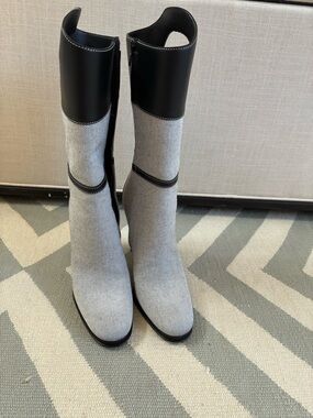 Burberry Black and Gray Textured High-Heel Knee Boots